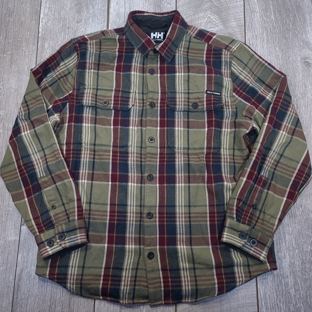 Helly Hansen Flannel Shirt Mens XL Green Plaid Long Sleeve Cotton Heavyweight